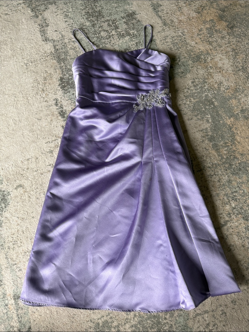 Lilac Satin Spaghetti Strap Prom Dress with Beaded Waist, See Measurements